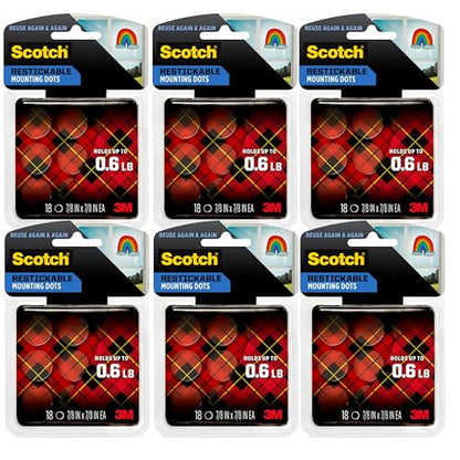 Scotch Restickable Mounting Dots, Clear, 7/8-Inch Circles, 108 Pack (6 Packs of 18)– Reusable Double-Sided Adhesive for Photos, Posters, and Lightweight Items