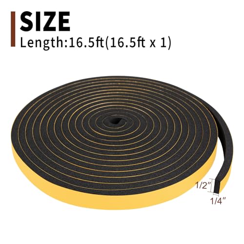 Yotache Weather Stripping Door Seal Strip 1/2x1/4 inch, Adhesive Foam Insulation Tape for Door Frames, Windows, 16.5 Ft - size: 1/2"x1/4"x16.5 Ft