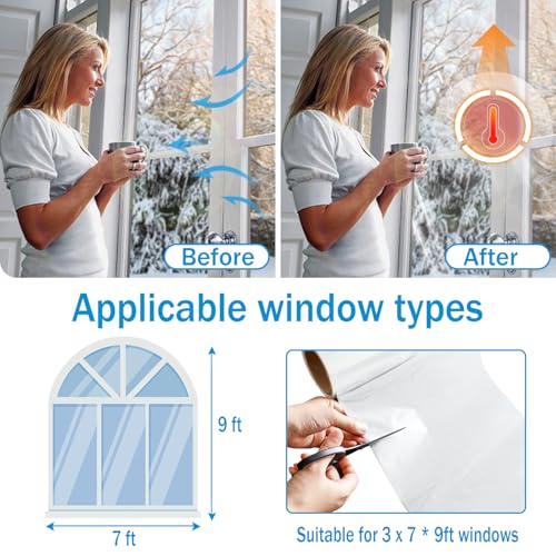 Window Insulation Kit, 87 × 394 Inch Plastic Window Covering for Winter, Window Insulation Film Window Wrap Insulation Windows Winterizing Kit with Double-Sided Tape for 3 Pcs 7 x 9 Ft Windows - size: 87 × 394 Inch
