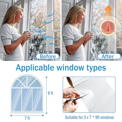 Window Insulation Kit, 87 × 394 Inch Plastic Window Covering for Winter, Window Insulation Film Window Wrap Insulation Windows Winterizing Kit with Double-Sided Tape for 3 Pcs 7 x 9 Ft Windows - size: 87 × 394 Inch