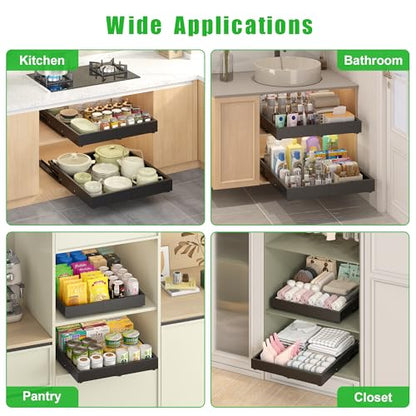 1 Pcs Pull Out Drawers for Cabinets Organizer Expandable Width(11.8"-19.4"), Depth(16.45"-21.7") With 3 Rails, No Drill Roll Out Drawer, Adhesive Sliding Drawers (Black) - color: Black