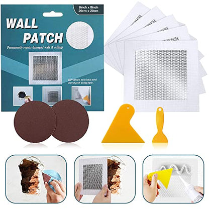 8'' by 8'' Wall Repair Patch, 5 Pcs Plasterboard Patch, Plaster Repair Kit, Safe Mend Plaster, Safemend Drywall Repair Adhesive, Filler for Walls Ceiling Hole, Self Adhesive Aluminum Mesh Wall Repair - size: 8" x 8" - 5 Pcs