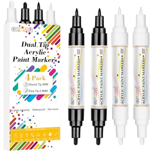 4 Pack Dual Tip Acrylic Paint Markers Pens (0.7mm & 3mm), Non-Toxic, Water-Based Pen for Art Painting, Stone, Ceramic, Glass, Wood, Fabric, Metal, DIY Crafts (Black/White) - color: Black/White