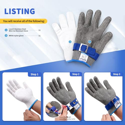 Cut Resistant Gloves Food Grade & Stainless Steel Mesh for Oyster Shucking Butcher Work Kitchen Meat and Fish Slicing Lightweight Breathable Anti-Cut Gloves(Size: 10/X-Large) - size: X-Large, style: Level 9 Cut Resistant (Pack of 1)