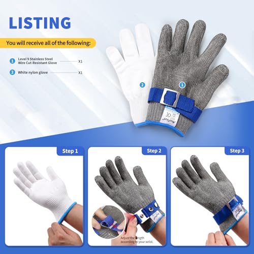 Cut Resistant Gloves Food Grade & Stainless Steel Mesh for Oyster Shucking Butcher Work Kitchen Meat and Fish Slicing Lightweight Breathable Anti-Cut Gloves(Size: 10/X-Large) - size: X-Large, style: Level 9 Cut Resistant (Pack of 1)
