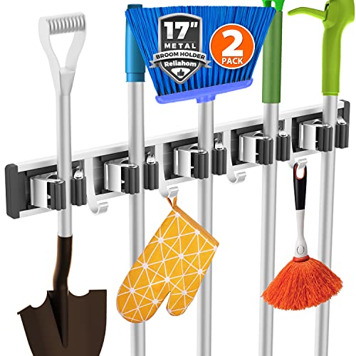 reliahom Broom Holder Wall Mount, 2 Pack 5 Racks with 4 Hooks Black - Mop Storage Tool Racks, Broom Hanger Tool Organizer for Garage, Kitchen, Garden, Laundry Room - color: Black, size: 2 Pack 5R4H