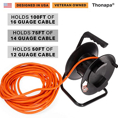 Thonapa Extension Cord Storage Reel, Black - Portable Cable Reel with Metal Stand, Holds Up to 100 Ft of Electrical Cord, Hose, Rope