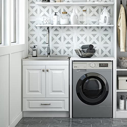 SIMPLIHOME Lawrence All-in-One 28 inch Wide Utility Sink and Laundry Cabinet in Pure White Finish, Transitional Stainless Steel Sink Cabinet for Laundry Rooms with High-Arch Brushed Nickel Faucet - size: 28 inch