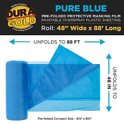 Dura-Gold 48" x 88' Pure Blue Pre-Folded Masking Film - Painters Plastic Roll (0.4 Mil) Pull Down Drop Sheet, Pre-Folded Plastic Sheeting for Painting Protection on Auto, Walls, Furniture - size: 48-inch