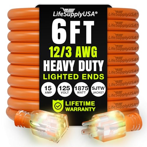 6ft Outdoor/Indoor Extension Cord 12/3 Gauge Extra Heavy Duty 3 Prong SJTW, Waterproof, Flexible Cold-Resistant Long Power Cord,15A 125V 1875W, Orange by LifeSupplyUSA - color: Orange, size: 6 FT, style: 12AWG