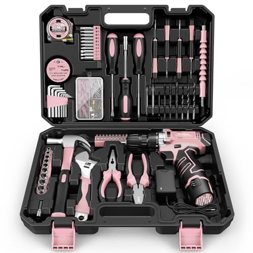 Sundpey Home Tool Kit with Drill - 206PCs Pink Tool Kit with 12V Cordless Power Drill for Household Repair - Portable Basic Pink Tool Box for Women with DIY Hand Tool Set(Screwdrivers & Pliers) - color: Pink
