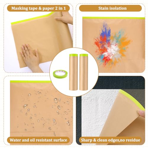 2 Rolls Pre-Taped Masking Paper for Painting 24 inch x 50 feet Tape and Drape Painters Painters Masking Tape Adhesive Protective Paper for Auto Body Covering Skirting Wall Covering