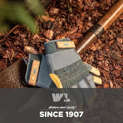 Wells Lamont Men's HydraHyde Work Gloves – Cowhide Leather, Reinforced Fingertips for Durability – Adjustable Velcro Wrist – Ideal for Gardening, Landscaping, Lawn Care – Navy - L - size: Large