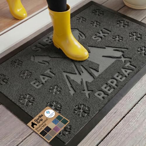 GORILLA GRIP 100% Waterproof All-Season WeatherMAX Doormat, US Designed Natural Rubber, Stain and Fade Resistant, Low Profile Indoor Outdoor Door Mats, Easy Clean Patio Mat, 29x17, Graphite Skiing - color: Graphite Skiing, size: 29" x 17"