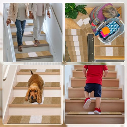 OLANLY Stair Treads Non Slip 15PCS, 8" x 30" Indoor Stair Runners for Wooden Steps, Edging Stair Rugs with Reusable Peel and Stick Adhesive for Kids Elders and Pets, Camel - color: Camel