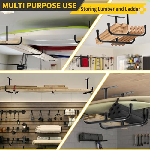 Overhead Garage Storage Rack 4 Pack with 4 Hooks, 66Lbs & 45Lbs Capacity, Heavy-Duty 444Lbs Total Garage Ceiling Storage System