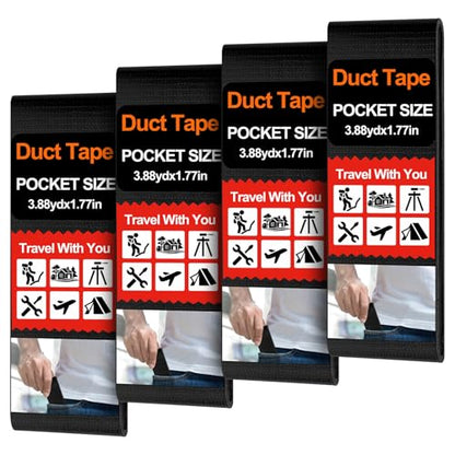 4 Pack 1.77 in x 10 ft Travel Duct Tape Mini Pocket Size Flat Roll Flexible Heavy Duty Waterproof Tear by Hand for Repair Outdoor Emergency Gear EDC DIY Craft Camping Hiking (Black) - size: Black
