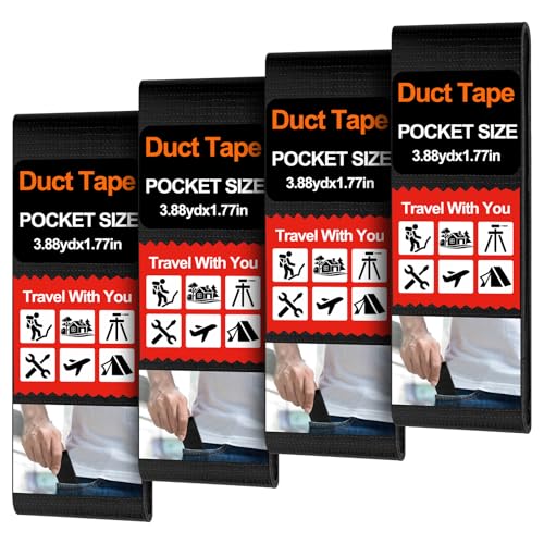 4 Pack 1.77 in x 10 ft Travel Duct Tape Mini Pocket Size Flat Roll Flexible Heavy Duty Waterproof Tear by Hand for Repair Outdoor Emergency Gear EDC DIY Craft Camping Hiking (Black) - size: Black