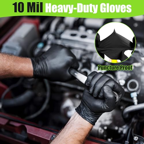 TREEGO 10 Mil Black Nitrile Gloves Heavy Duty — 3D Diamond Texture Grip, Latex Free Disposable Rubber Mechanic Gloves, X-Large, 100 Count - color: Black 100, size: X-Large