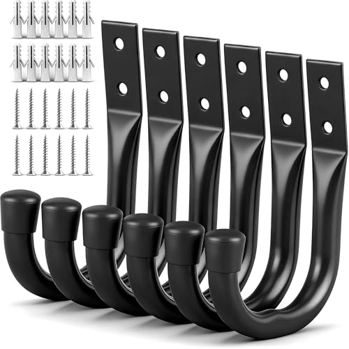 Heavy Duty Garage Storage Hooks, 6-piece Bike Hooks for Garage Wall, Utility Garage Hooks, Wall Mount J Hook for Hanging, Large Metal Storage Organizer Tool, Extension Cord Hanger - style: 6-Piece Black
