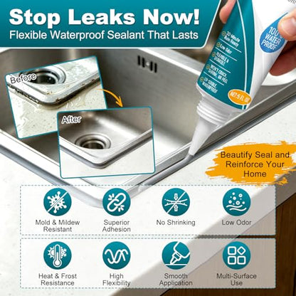 Silicone Sealant - 100% Waterproof, Flexible & Shrink Proof Caulk for Bathroom, Kitchen, Windows, Automotive – Strong Adhesion Sealant for Cracks, Gaps, Leaks 150ML/5Oz (Grey) - color: GREY