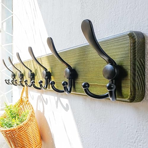 Dseap Coat Rack Wall Mounted - 24" Long 6 Tri Hooks, Heavy Duty Wooden Wall Coat Hanger Coat Hook for Clothes Hat Jacket Clothing, Weathered Green and Black, Pack of 2 - color: Weathered Green & Black, size: L=24"