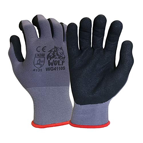 WOLF Ultra-Thin Nitrile Foam Palm Coated Glove with Tacky Dot Grip, Multi Purpose - size: Medium (Pack of 12), style: 13-gauge No Dots