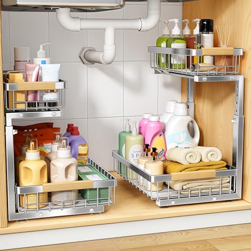 PXRACK Under Sink Organizer, Adjustable Height, 2 Tier Pull Out Cabinet Organizer, Slide Out Thickened Metal Storage for Kitchen Bathroom Laundry Pantry Cabinet, Stainless Steel, Silver, Large-2-Pack - color: Silver, size: Large-2-Pack