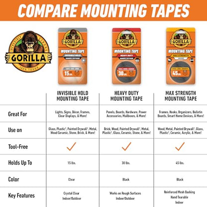 Gorilla Invisible Hold Mounting Tape, 1" x 150" (Pack of 2), Clear Double Sided Tape for Strong, Permanent Indoor & Outdoor Hanging - size: 2 - Pack