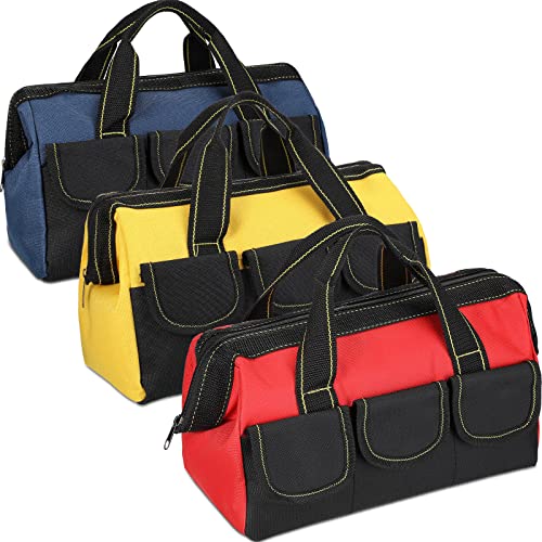 Sanwuta 3 Pack Tool Bag for Men with Waterproof Hard Bottom, Heavy Duty Tool Bag Wide Mouth Tote for Various Instrument, Electrician Carpenter Mechanic(Blue, Red, Yellow,13 Inch,Classic) - color: Blue, Red, Yellow, size: 13 Inch, style: Classic