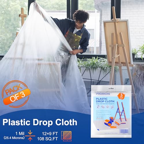 3Pcs Plastic Drop Cloth - 1Mil Thick, 9x12 Ft, Thickened Painter's Sheet for Painting, Furniture, Walls, and Floor Protection - size: 1mil-3Pack