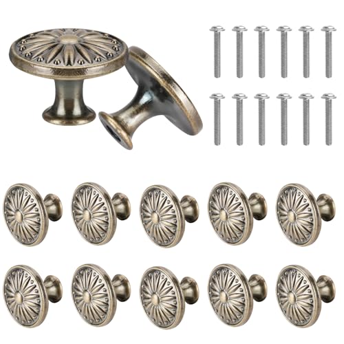 12PCS Antique Cabinet Knobs with Screws, Vintage Flower Pattern Round Kitchen Cupboard Handles 1.18'' Drawer Knobs Retro Bronze Cabinet Pull Handles for Wardrobe Door - color: Antique Brass