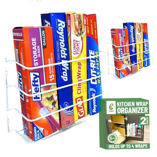 Evelots Kitchen Wrap Organizer - 2 Pack - Hold up to 4 Plastic, Foil, Paper, Wax - Cabinet Door, Wall Rack Basket - Sandwich, Freezer, Food Bag Storage - Laundry Supplies - Plastic Coated Metal - color: White, size: 2 Pack