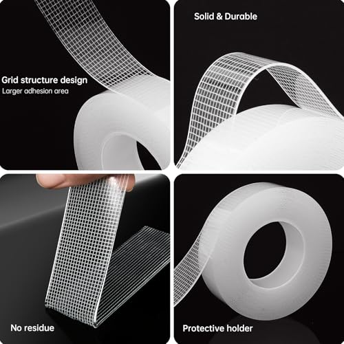 Grid Reinforced Mesh Nano Double Sided Tape, Clear Acrylic Mounting Tape with Enhanced Adhesion Area, Strong Hold Heavy Duty, Easy Tear by Hand, Residue-Free, 0.8" x 16.4FT x 1mm, 5 Rolls