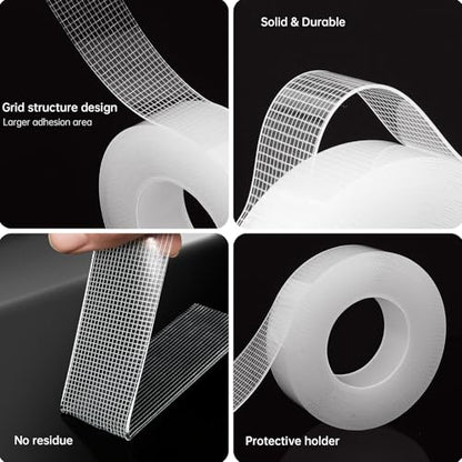 Grid Reinforced Mesh Nano Double Sided Tape, Clear Acrylic Mounting Tape with Enhanced Adhesion Area, Strong Hold Heavy Duty, Easy Tear by Hand, Residue-Free, 0.8" x 16.4FT x 1mm, 5 Rolls
