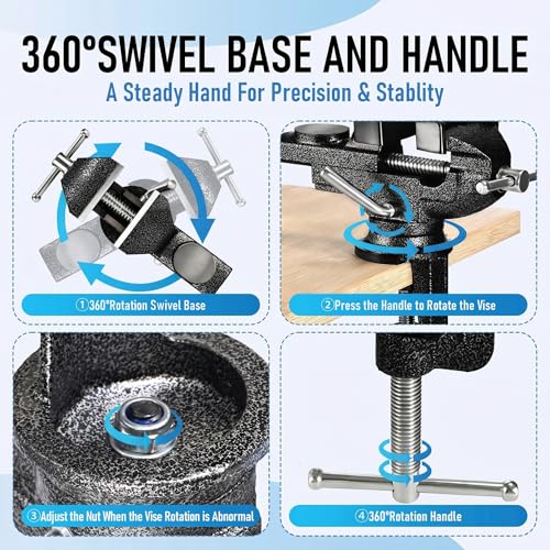 Small Bench Vise 3.2" Clamp-On, Light Duty Hobby Vise with 360° Swivel Base, Portable Table Vise for DIY, Craft, Jewelry, Model Making (Light Duty Workbench Use) - size: 3 Inch