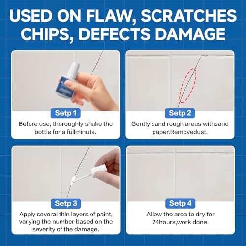 Tub and Tile Paint, Semi-Gloss White Touch Up Paint Pen for Scratches, Chips, Spots, Cracks on Bathtub, Porcelain, Enamel and Toilets,1.5 Fl Oz(White)