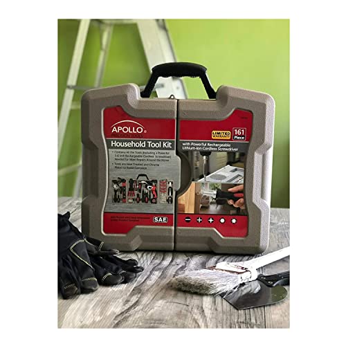 Apollo Tools 161-Piece Complete Household Tool Set with 3.6 Volt Lithium-Ion Cordless Screwdriver and Most Needed Hand Tools Selection for Boats, Vehicle and Garage - Red - DT0739