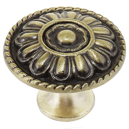 trust4care 4-Pack Euro Style Brushed Antique Brass Kitchen Cabinet Knobs, Zinc Alloy Vintage Drawer Knobs, Weathered Gold Round Dresser Handles with Floral for Bathroom & Furniture, 1.25" Diameter - size: 1-1/4 Inch Round(Antique Brass)