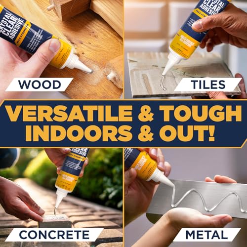 [2-Pack] Clear Construction Adhesive, Max Strength — 2.5 oz Crystal Clear Fast-Drying Waterproof Glue & Sealer for Wood, Tile, Metal, Concrete, Glass & More, Multi-Surface DIY Repair, American Owned