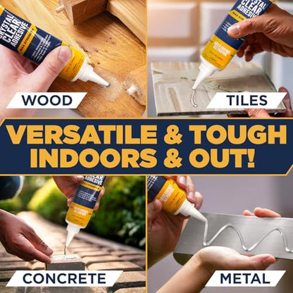 [2-Pack] Clear Construction Adhesive, Max Strength — 2.5 oz Crystal Clear Fast-Drying Waterproof Glue & Sealer for Wood, Tile, Metal, Concrete, Glass & More, Multi-Surface DIY Repair, American Owned