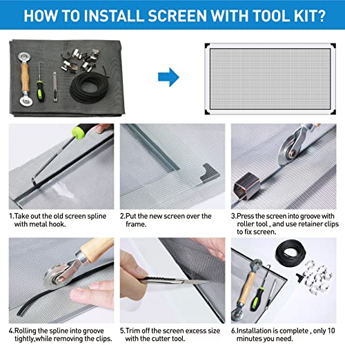 Window Screen and Screen Repair Kit, 36" x 90" Black Fiberglass Screen Mesh with 5 in 1 Screen Tool