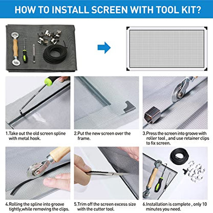 Window Screen and Screen Repair Kit, 36" x 90" Black Fiberglass Screen Mesh with 5 in 1 Screen Tool