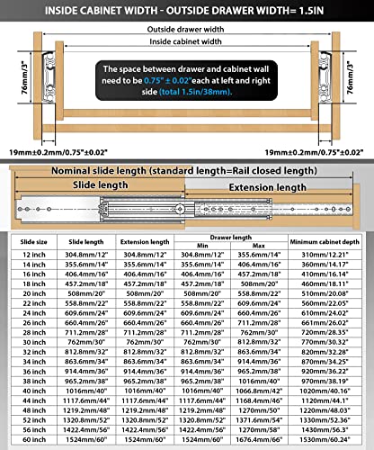 YENUO Heavy Duty Drawer Slides 12 14 16 18 20 22 24 26 28 30 32 34 36 38 40 44 48 52 56 60 Inch Full Extension Side Mount Ball Bearing Long Rails Track Guide Glides Runners Load 500 Lbs 1 Pair - size: 18 Inch, style: Load:500 lb (No lock) -W:76mm