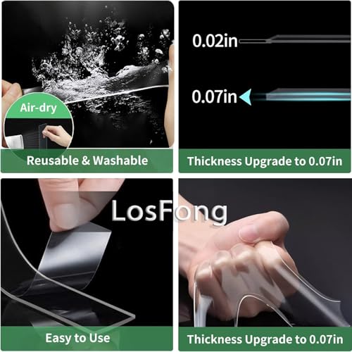 LosFong Heavy Duty Double Sided Tape - Nano Adhesive Mounting Strips for Picture Hanging, Clear & Permanent Bond for Walls, Photos, Decor
