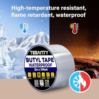 Butyl Tape Waterproof Sealing Tape 2Inch x 34Feet, Aluminum Foil Tape, Butyl Sealant Tape for Pipe Sealing, RV Repair, Window, EDPM Roof Leak Patching, Boat and Pipe Sealing - size: 2 inch x 34 feet