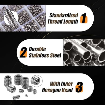 2030PCS Set Screws Assortment Kit, 35Sizes Metric & SAE Stainless Steel Screws, Allen Head Socket Hex Grub Set Screws for Bathroom Fixtures, Towel Bar (M2-M8, 1/8"-40 to 5/16"-18) - size: 2030PCS 35Size