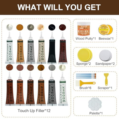Wood Furniture Repair Kit, 26pcs Touch Up Wood Putty, 12 Colors Touch Up Filler, Beeswax, Furniture Repair Kit for Repair Scratches, Cracks, Hole for Table, Door, Easy to Use