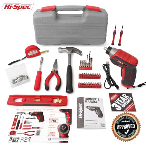 Hi-Spec 35pc Red Tool Kit with 3.6V USB Electric Screwdriver and Drill Set. Complete Basic Tool Set - color: Red, size: 35 Pieces