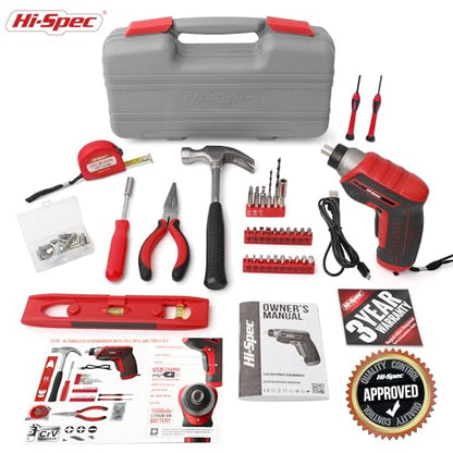 Hi-Spec 35pc Red Tool Kit with 3.6V USB Electric Screwdriver and Drill Set. Complete Basic Tool Set - color: Red, size: 35 Pieces